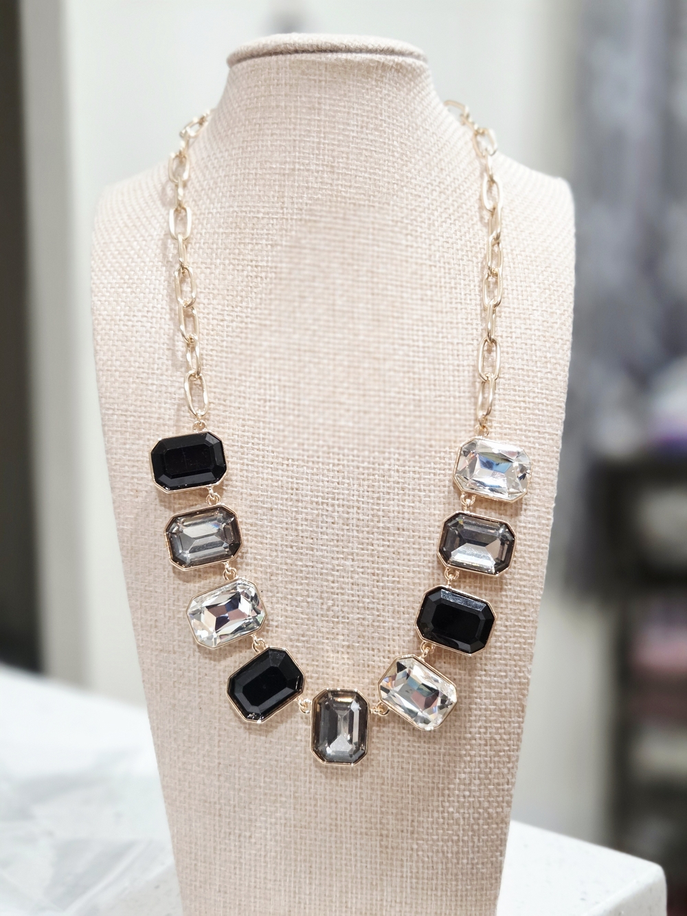 Elegant Gold Chain Statement Necklace with Black and Clear Australian Crystals